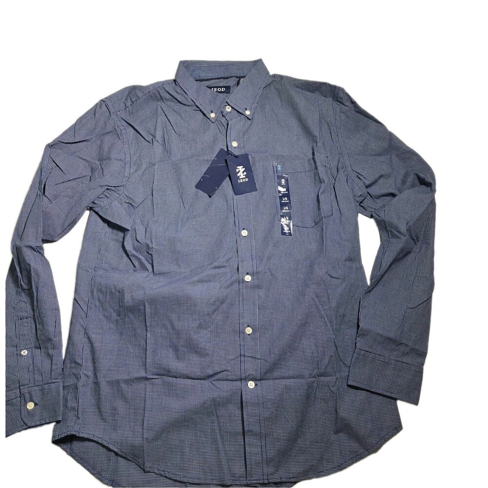 IZOD Mens Large Long Sleeve Button Down Shirt Blue White Micro Gingham